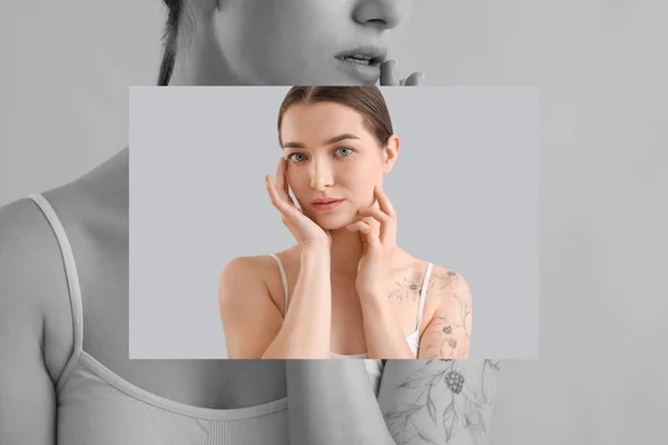 Collage Jeune Femme Avec Tatouage — Photo