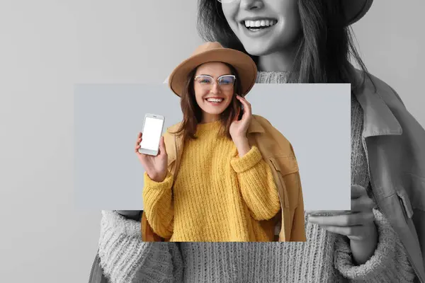Collage Stylish Woman Mobile Phone — Stock Photo, Image