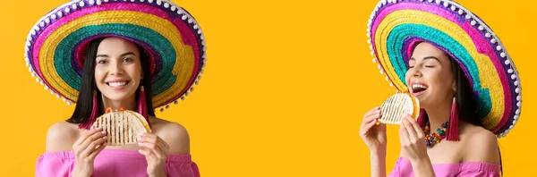 Collage Young Mexican Woman Eating Tasty Quesadilla Yellow Background Banner — Stock Photo, Image