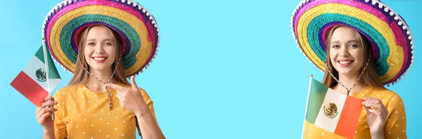 솜브레로 모자와 파란색 배경에 멕시코의 여자의 콜라주 디자인을 — 스톡 사진