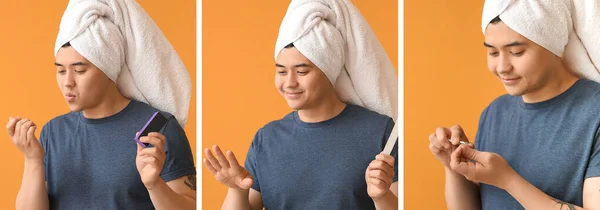 Collage of funny Asian man doing manicure on orange background
