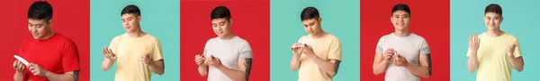 Collage of Asian man doing manicure on color background