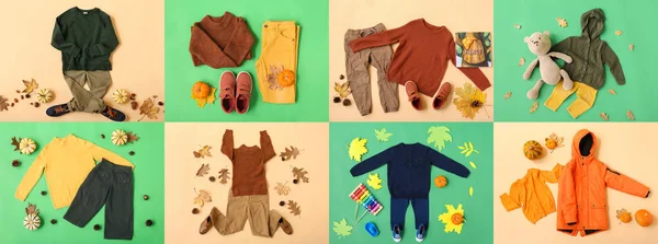 スタイリッシュな赤ちゃん服とカラーバックグラウンドのアクセサリーのグループ トップビュー — ストック写真