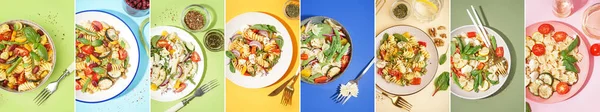 Collage Tasty Pasta Salads Color Background — Stock Photo, Image