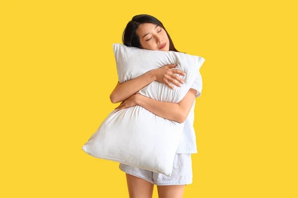 Beautiful Asian Woman Pajamas Pillow Yellow Background — Stock Photo, Image