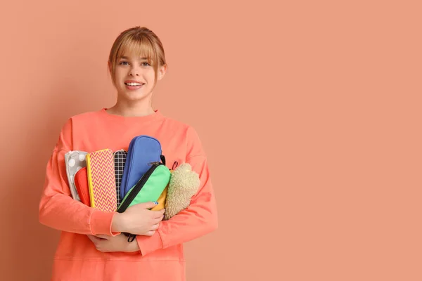 Female Student Pencil Cases Color Background — Stock Photo, Image