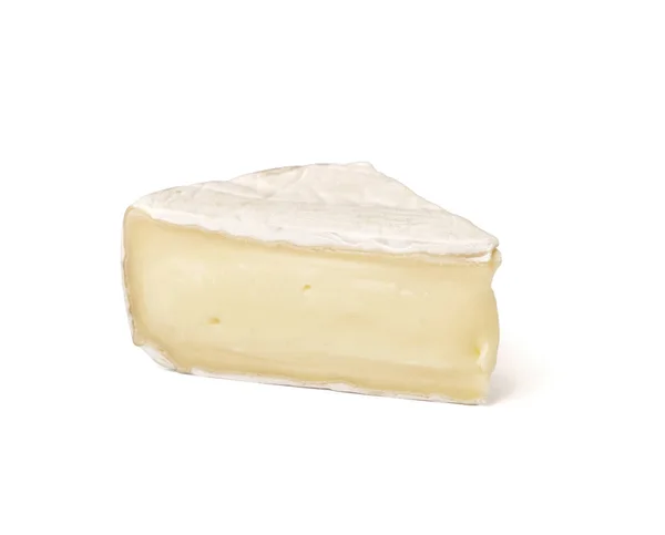 Pedaço Queijo Camembert Saboroso Fundo Branco — Fotografia de Stock