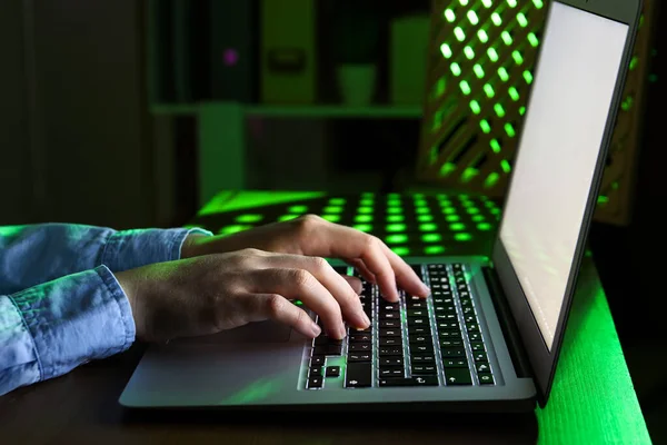 Female Programmer Typing Laptop Keyboard Night Office Closeup — Stock Photo, Image