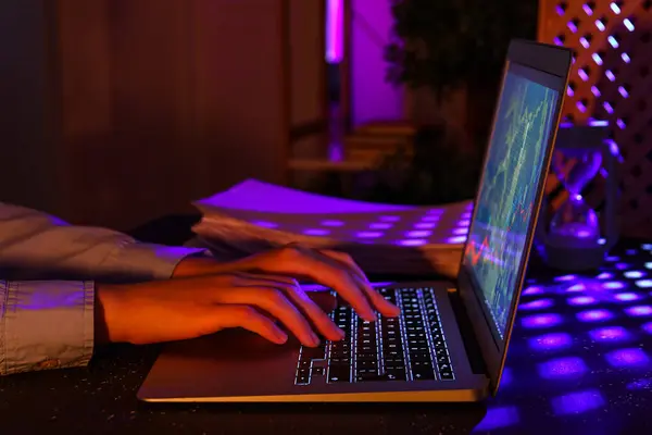Female Programmer Typing Laptop Keyboard Night Office Closeup — Stock Photo, Image