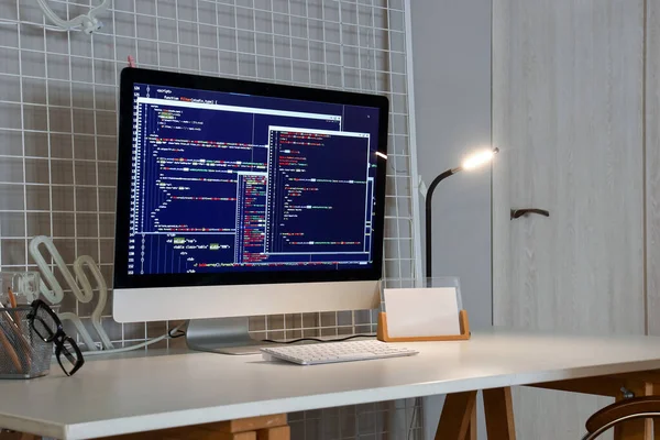 Programmer Workplace Computer Monitor Glowing Lamp Office — Stock Photo, Image