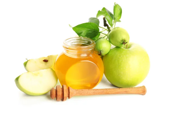 Glas Mit Honig Und Äpfeln Zum Rosch Haschana Fest Jüdisches — Stockfoto