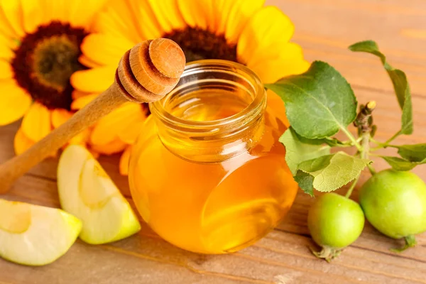 Jar Honey Apples Sunflowers Rosh Hashanah Celebration Jewish New Year — Stock Photo, Image
