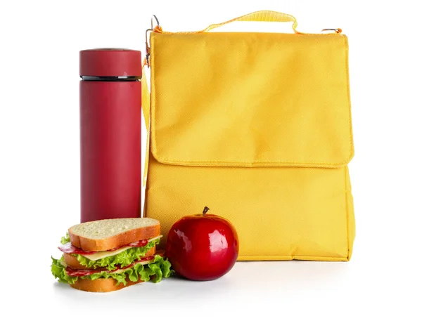 Lunchlåda Väska Med Termos Äpple Och Smörgås Isolerad Vit Bakgrund — Stockfoto