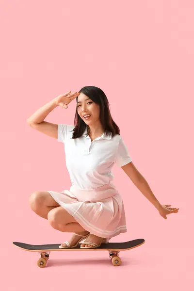 Pretty Asian Woman Skateboard Pink Background — Stock Photo, Image