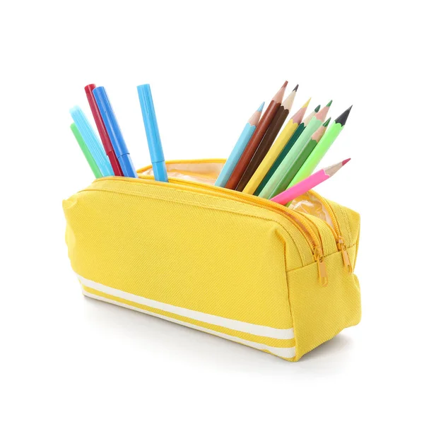 Stylish Case Color Pencils Felt Tip Pens White Background — Stock Photo, Image
