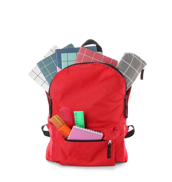 Red School Backpack Different Stationery White Background — Stock Photo, Image