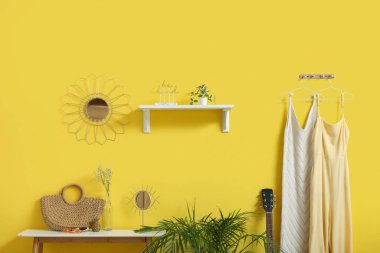 Ayna, raf ve kanca askısı olan şık bir koridor.