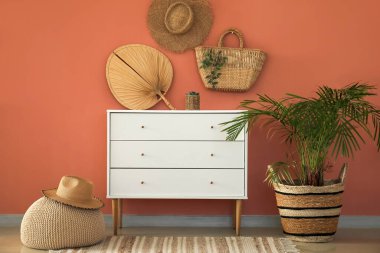 Çekmeceleri ve saksısı olan modern bir oda.