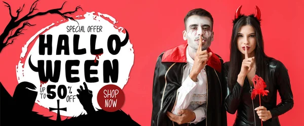Banner Para Venda Halloween Com Pessoas Trajes — Fotografia de Stock
