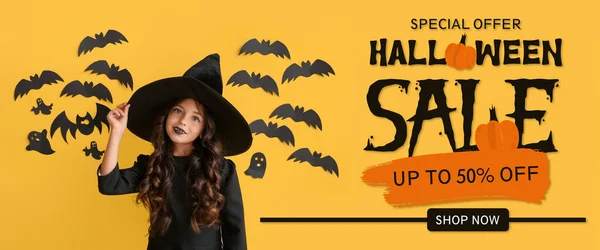 Banner Halloween Sale Little Girl Dressed Witch — Stock Photo, Image