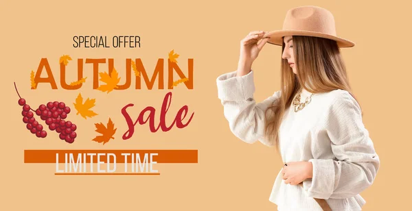 Banner for autumn sale with stylish young woman