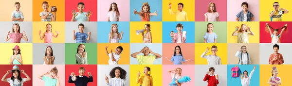 Duży Kolaż Małych Dzieci Tle Koloru — Zdjęcie stockowe