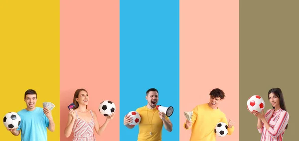 カラーバックグラウンドでサッカーボールを持つ感情的な人々のコラージュ — ストック写真