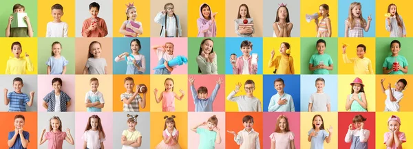色の背景に面白い子供たちの大きなコラージュ — ストック写真