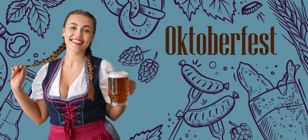 Banner Pro Oktoberfest Servírkou Držící Hrnek Piva — Stock fotografie