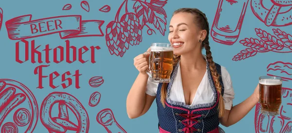 Banner Para Oktoberfest Con Camarera Sosteniendo Tazas Cerveza —  Fotos de Stock