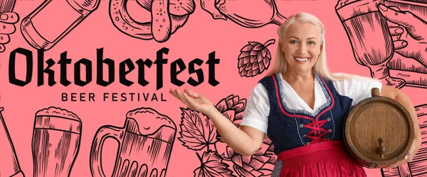 Banner Zum Oktoberfest Mit Kellnerin Die Ein Fass Bier Hält — Stockfoto