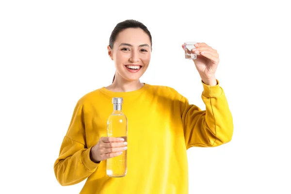 Young Woman Glass Bottle Vodka White Background — Stock Photo, Image