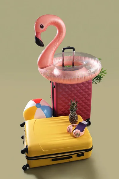 Suitcases Passport Inflatable Ring Shape Flamingo Headphones Green Background Travel — Stock Photo, Image