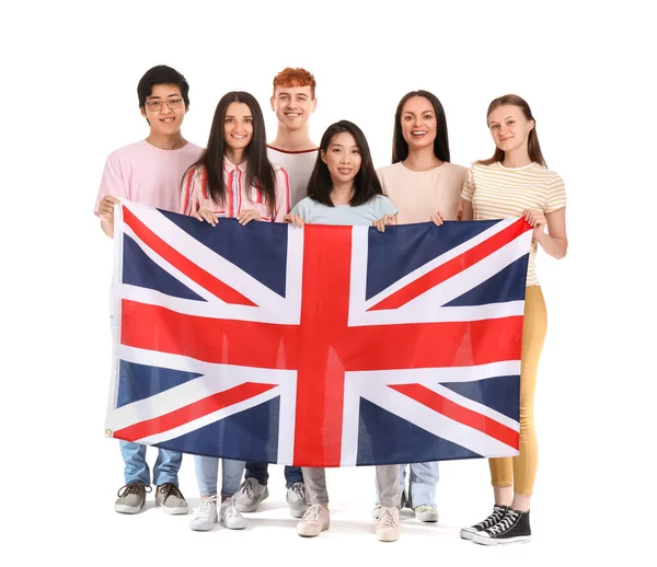 Mladí Studenti Jazykové Školy Vlajkou Spojeného Království Bílém Pozadí — Stock fotografie
