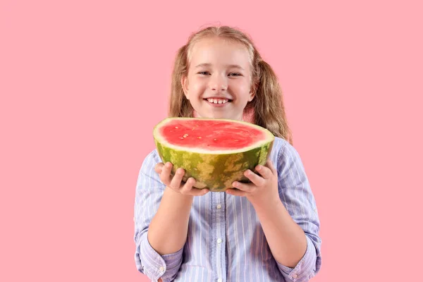 Happy Little Girl Half Fresh Watermelon Pink Background — Stock Photo, Image