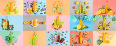 Renk arkaplanında canlandırıcı içecek içeren şişe kolajı