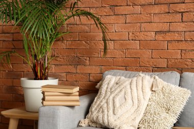 Oturma odasındaki kanepede yığınla kitap.