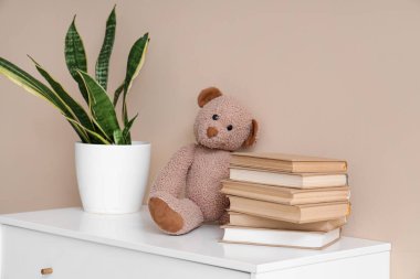 Bej duvarın yanındaki çekmecelerde oyuncak ayı ve ev bitkisi olan kitap yığını.