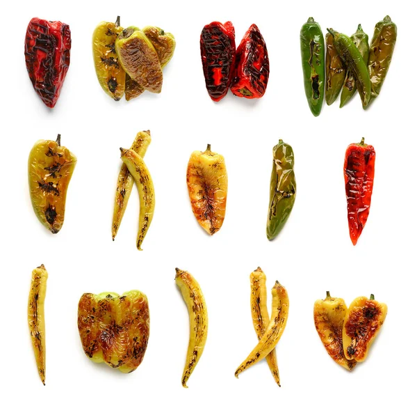 Set Tasty Grilled Peppers Isolated White Top View — Stock Photo, Image