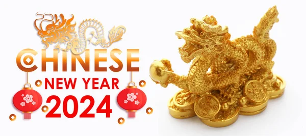 Wenskaart Voor Chinees Nieuwjaar 2024 Met Gouden Draak Witte Achtergrond — Stockfoto