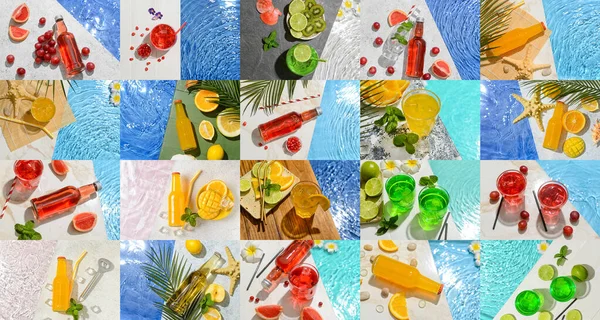 Collage Von Erfrischenden Limo Getränken Der Nähe Von Schwimmbad — Stockfoto