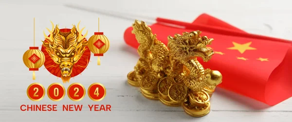 Wenskaart Voor Chinees Nieuwjaar 2024 Met Draak Vlag — Stockfoto