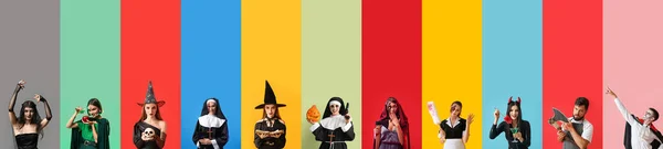 Colagem Pessoas Vestidas Para Festa Halloween Fundo Cor — Fotografia de Stock