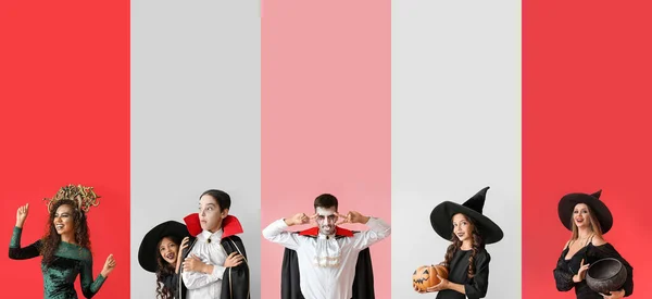 Uppsättning Människor Klädda För Halloween Fest Färg Bakgrund — Stockfoto
