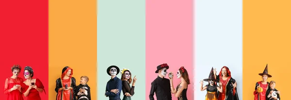 Группа Людей Одетых Хэллоуинской Вечеринки Цветном Фоне — стоковое фото