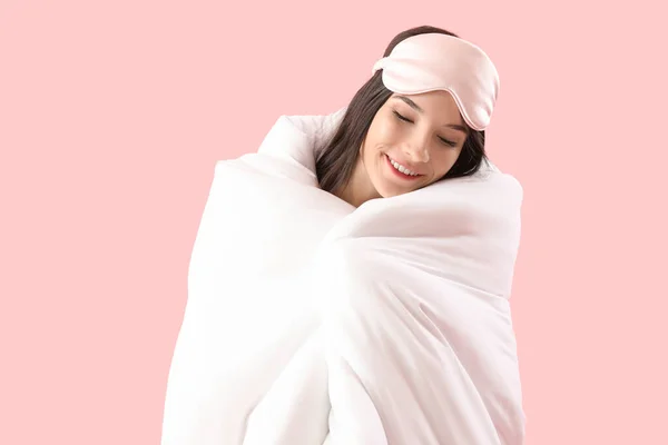 Beautiful Happy Young Woman Soft Blanket Sleeping Pink Background — Stock Photo, Image