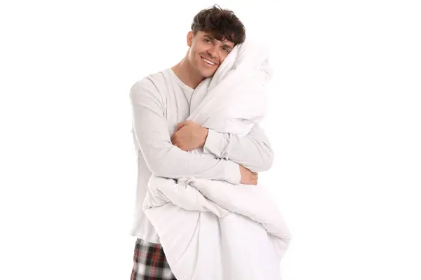 Schöner Glücklicher Mann Mit Weicher Decke Auf Weißem Hintergrund — Stockfoto
