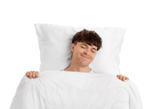 Красивый Молодой Человек Мягким Одеялом Спит Белом Фоне — стоковое фото