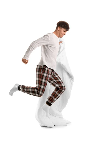 Schöner Glücklicher Mann Mit Weicher Decke Springt Auf Weißem Hintergrund — Stockfoto