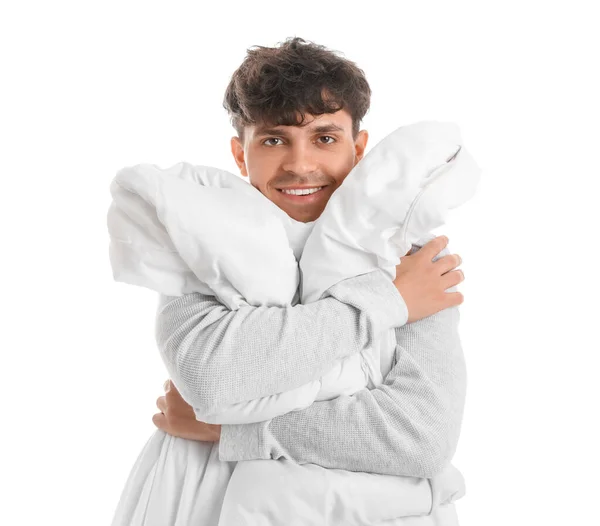 Handsome Happy Man Soft Blanket White Background — Stock Photo, Image